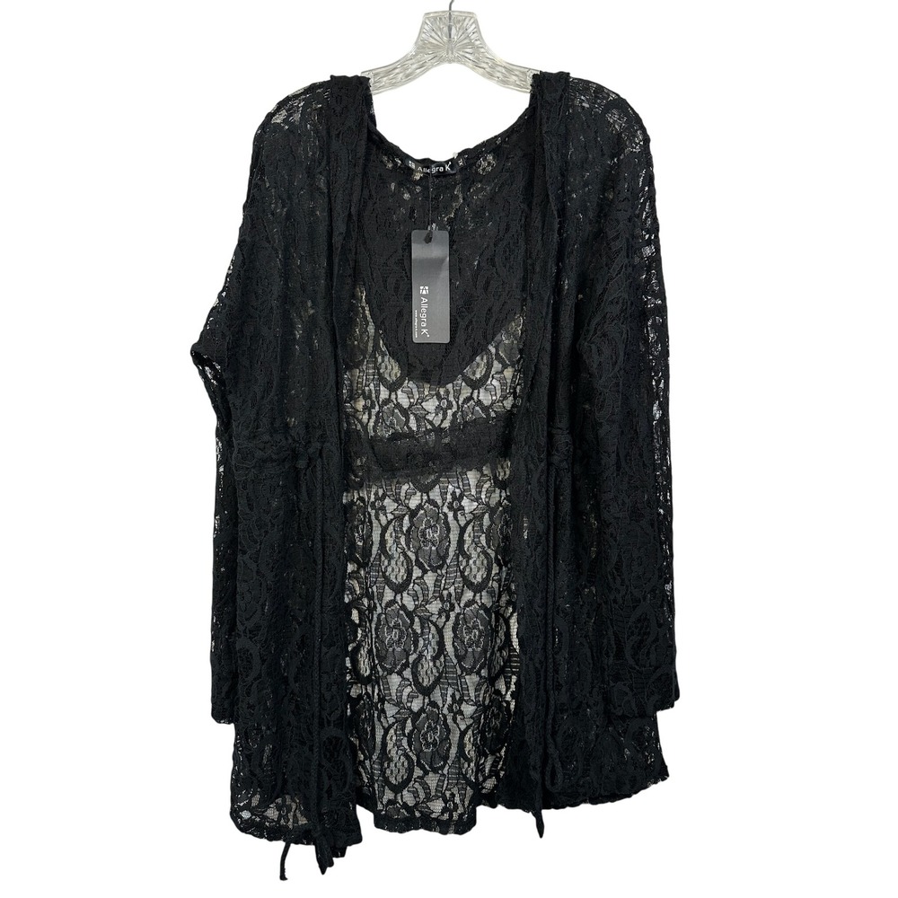 Allegra K Womens Black Floral Lace Sheer Mesh Tie Front Cardigan Cover Up XL
